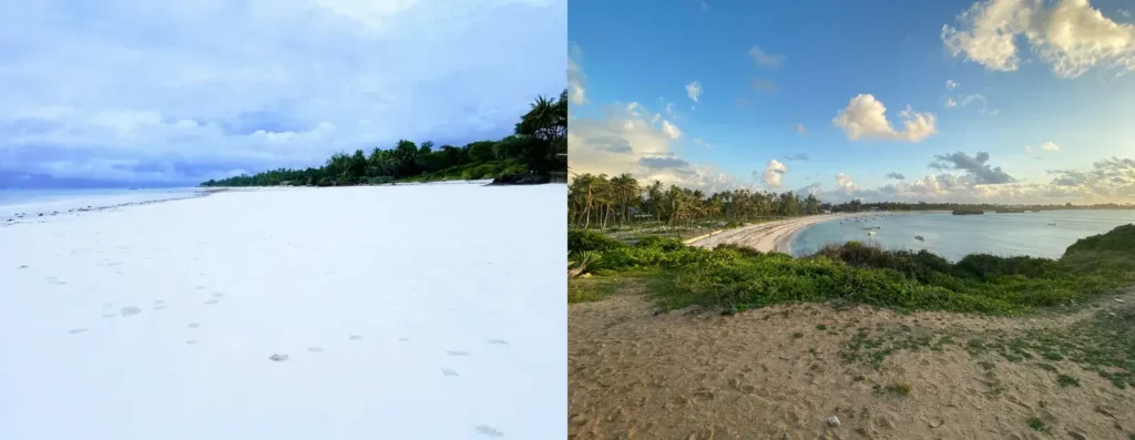 Diani Beach on the left and a Watamu bay on the right