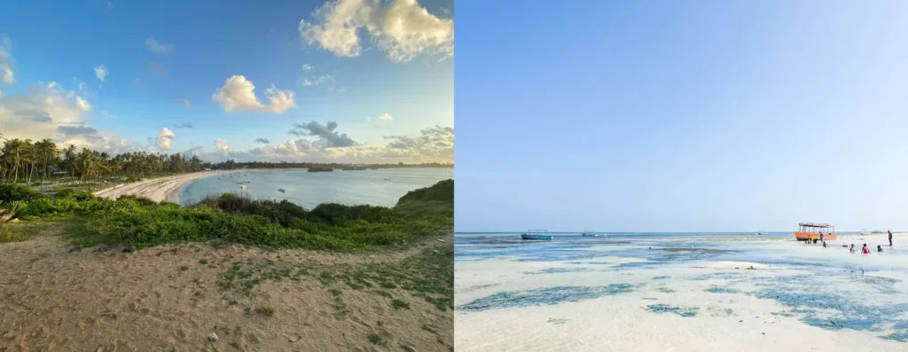 A Watamu bay on the left and a tidal Malindi beach on the right