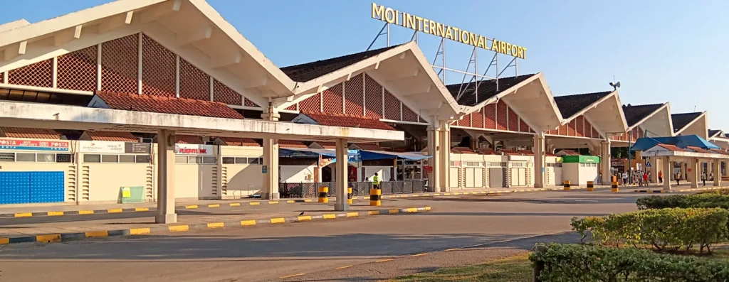 Landside view of the terminal building at Moi International Airport in Mombasa