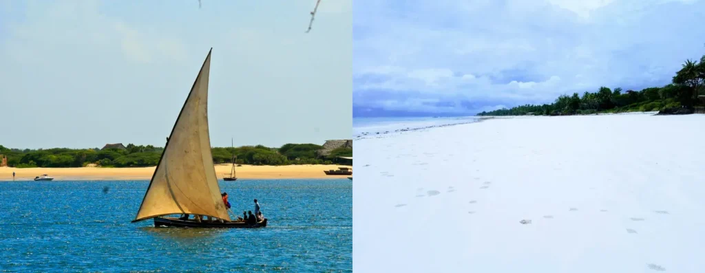 Traditional dhow off Lamu beside the white-sand shoreline of Diani Beach