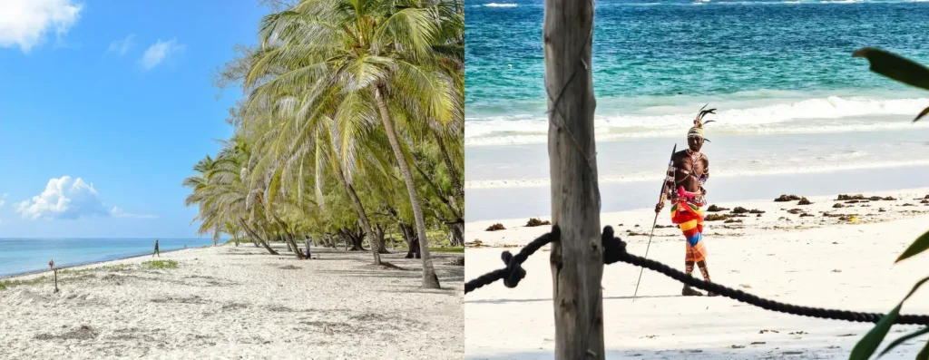 A Mombasa beach on the left and Diani Beach on the right